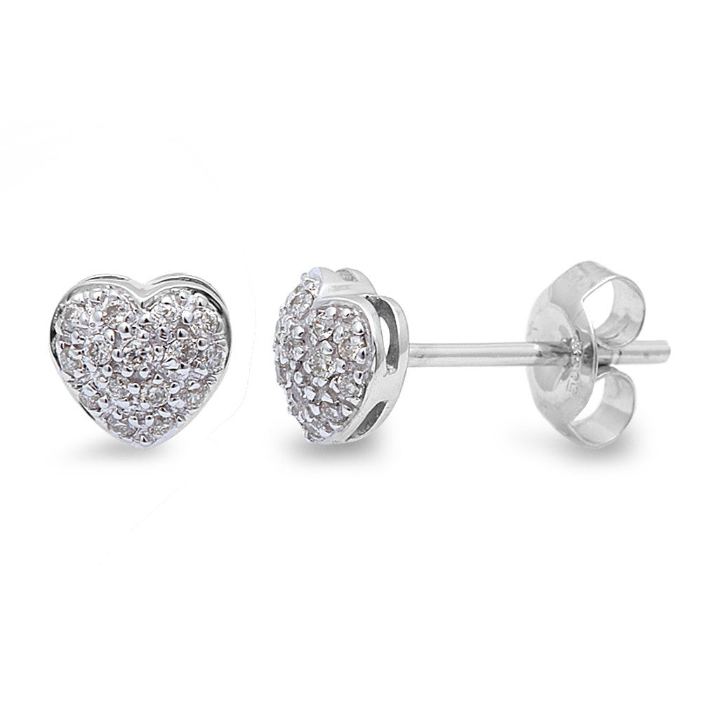 .12ct 14kt White GOLD Pave Heart Diamond Stud Earrings Push Backing