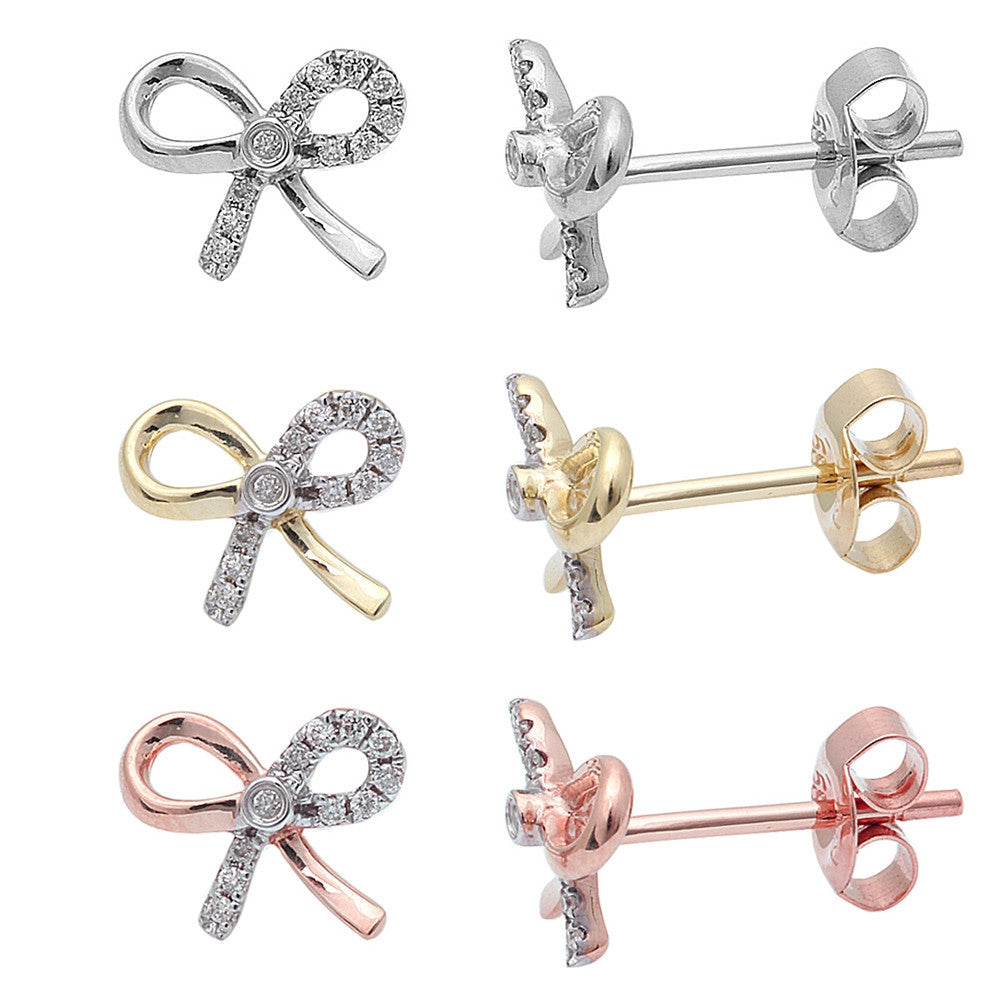 ''.06ct Diamond Bowtie Bow Gift Stud Earrings Solid 14k White, Rose or Yellow GOLD''