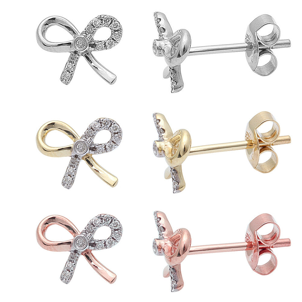''.06ct Diamond Bowtie Bow Gift STUD EARRINGS Solid 14k White, Rose or Yellow Gold''