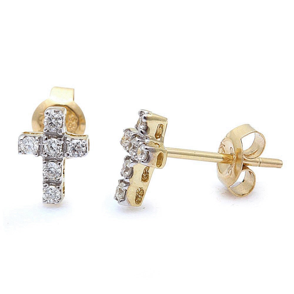 .15ct Round Diamond Cross Stud EARRINGS 14kt Yellow Gold