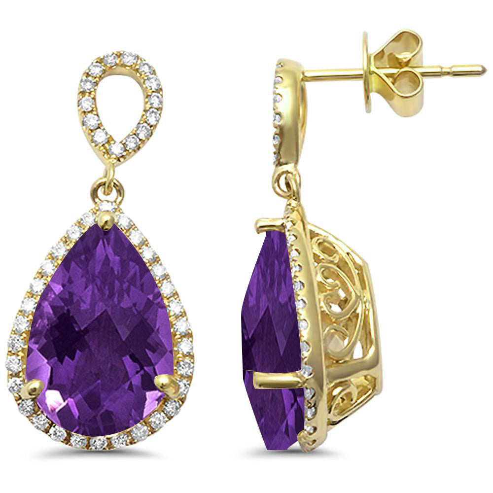 GEMSTONE CLOSEOUT  5.32ct Pear Amethyst 14k Yellow Gold Drop DANGLE Diamond Earrings