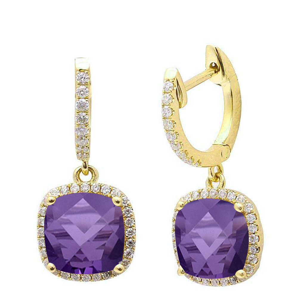 GEMSTONE CLOSEOUT  2.84ct Cushion Cut AMETHYST 14k Yellow Gold Diamond Drop Dangle Earrings