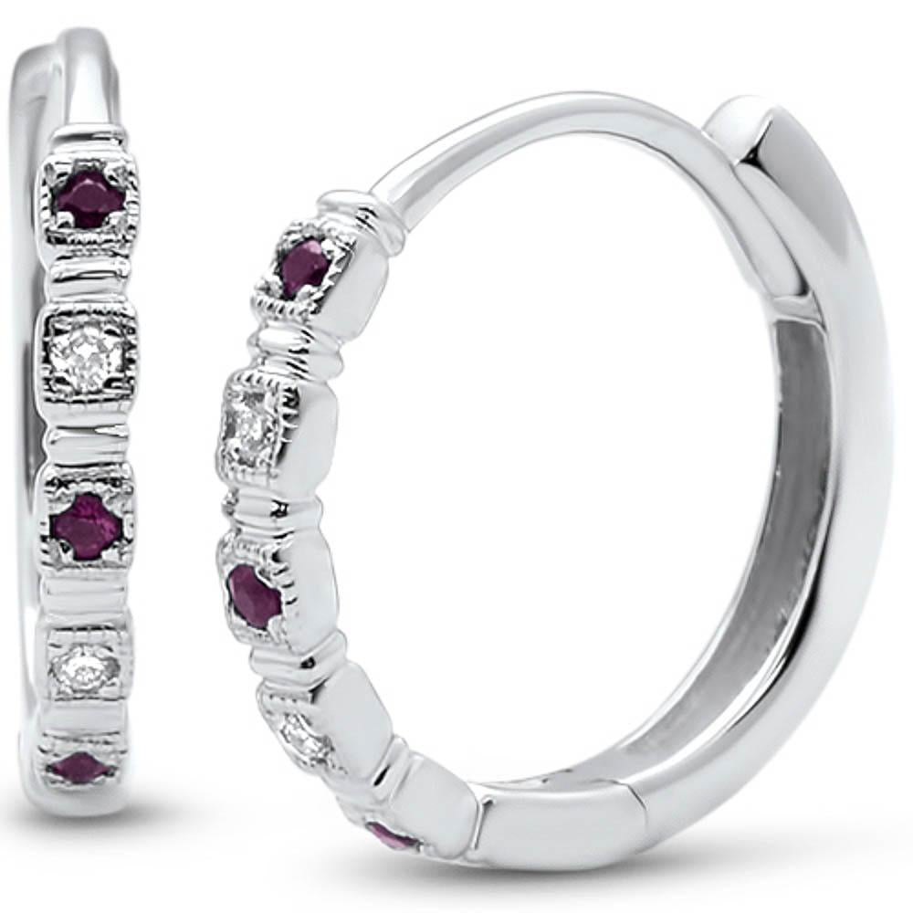 GEMSTONE CLOSEOUT  .10ct G SI 14k White Gold DIAMOND & Ruby Hoop Huggie Earrings