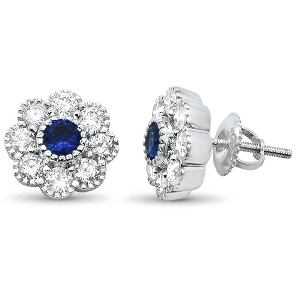 GEMSTONE CLOSEOUT  1.58ct G SI 14k White Gold & Blue Sapphire Filigree Flower DIAMOND Earrings