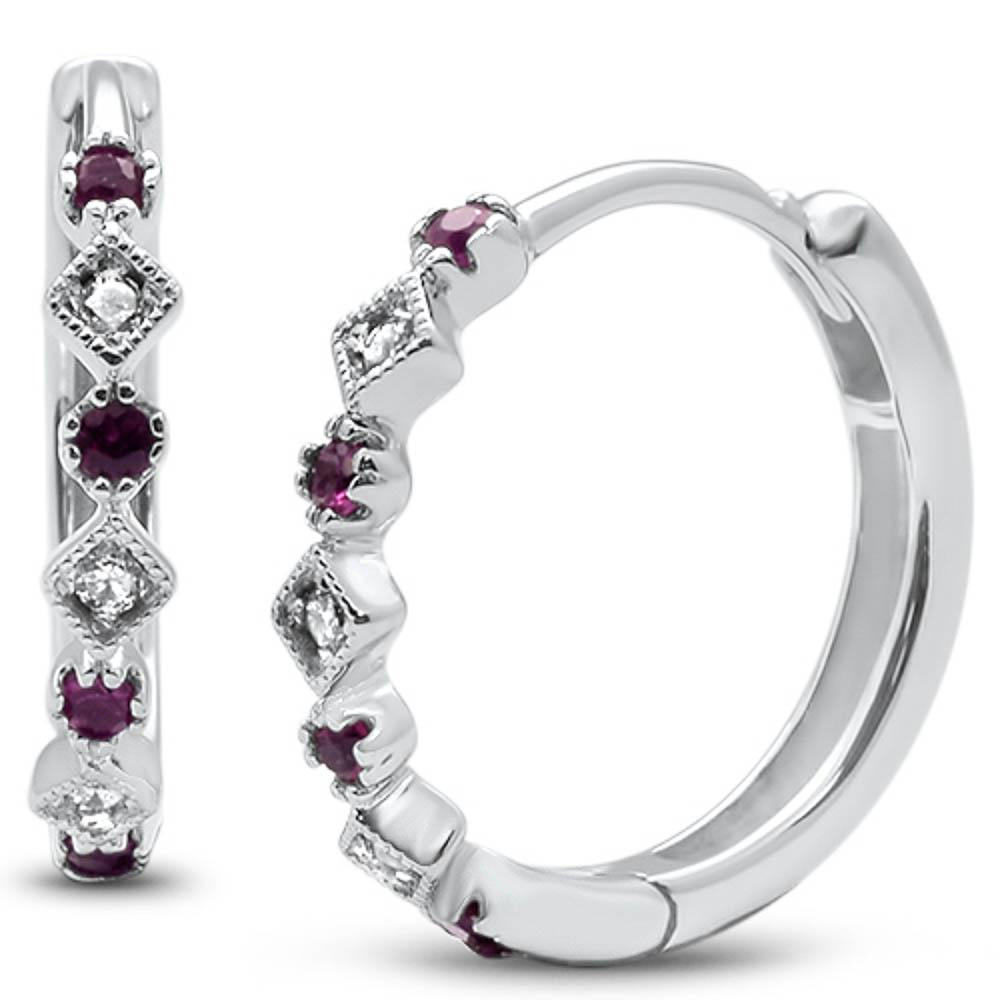 GEMSTONE CLOSEOUT  .15ct G SI 14k White Gold DIAMOND & Ruby Hoop Huggie Antique Style Earrings