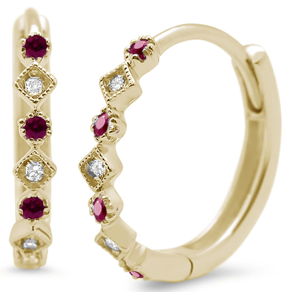 .16ct G SI 14K Yellow Gold Round Diamond & Ruby HOOP Huggie EARRINGS