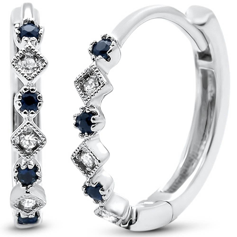 .16ct G SI 14k White Gold Diamond & Blue Sapphire Hoop Huggie Antique EARRINGS