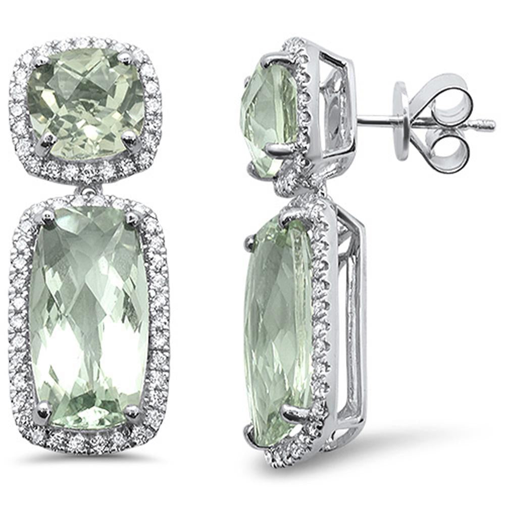 GEMSTONE CLOSEOUT  13.54cts 10k White Gold Cushion Green AMETHYST & Diamond Earrings