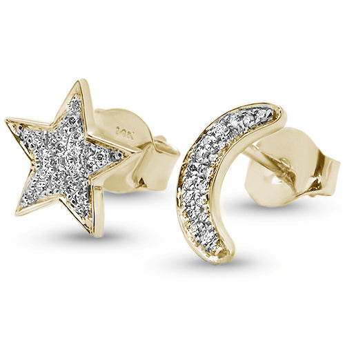 .13ct 14kt Yellow GOLD Diamond Crescent Moon & Star Stud Earrings