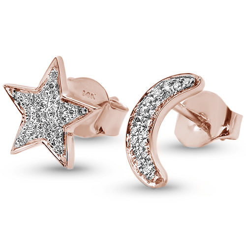 .09ct 14kt Rose Gold Diamond Crescent Moon & Star Stud EARRINGS