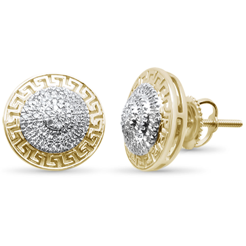 .23ct G SI 10K Yellow GOLD Round Diamond Greek Key Design Micro Pave Stud Earrings