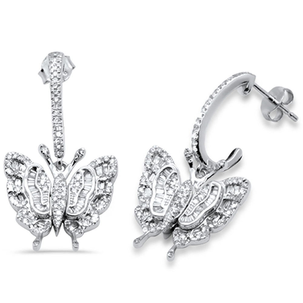 ''SPECIAL! .80ct G SI 14K White GOLD Round & Baguette Diamond Butterfly Dangling Earrings''