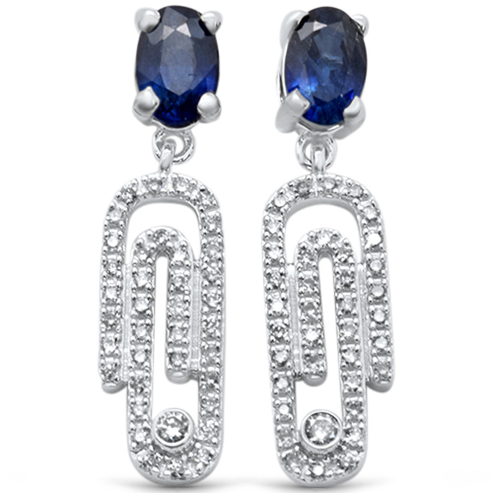 ''SPECIAL! 1.01ct G SI 14K White Gold Blue Sapphire Gemstone & Diamond Paperclip EARRINGS''