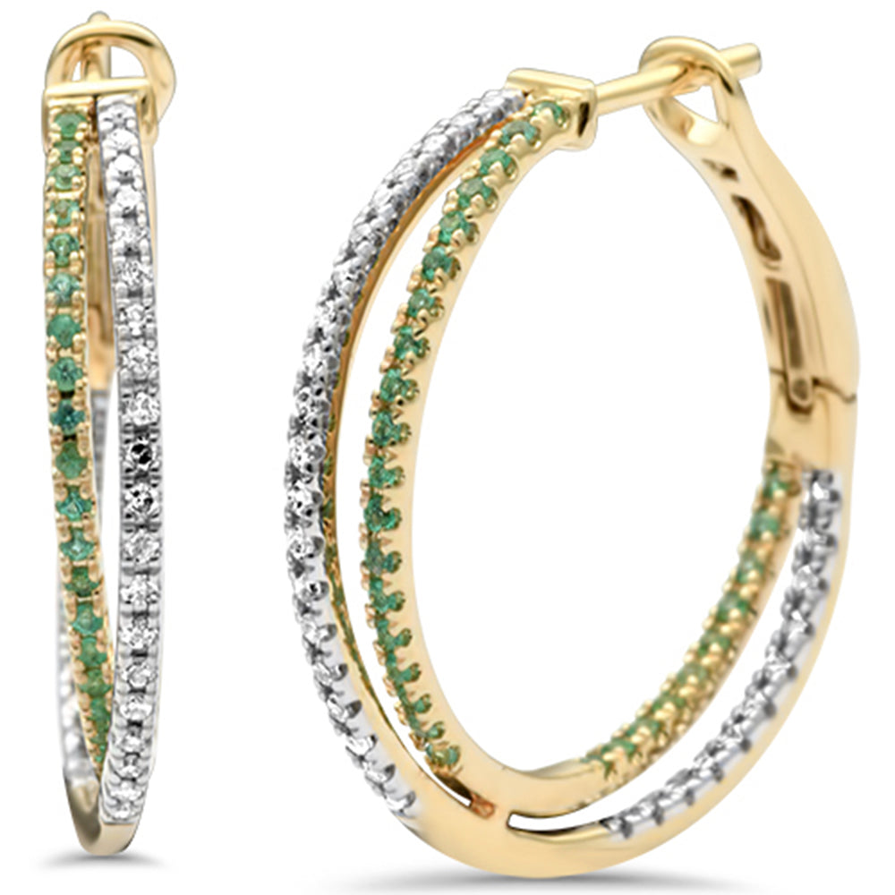 ''SPECIAL! .34ct G SI 14K Yellow Gold Emerald Gemstone & Diamond HOOP EARRINGS''