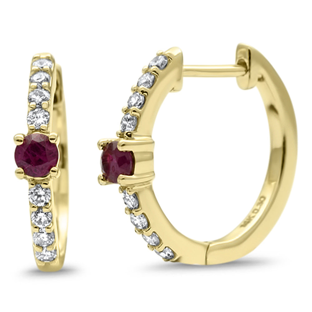 ''SPECIAL! .60ct G SI 14K Yellow Gold Diamond & Ruby Gemstones Hoop EARRINGS  Post&Click''