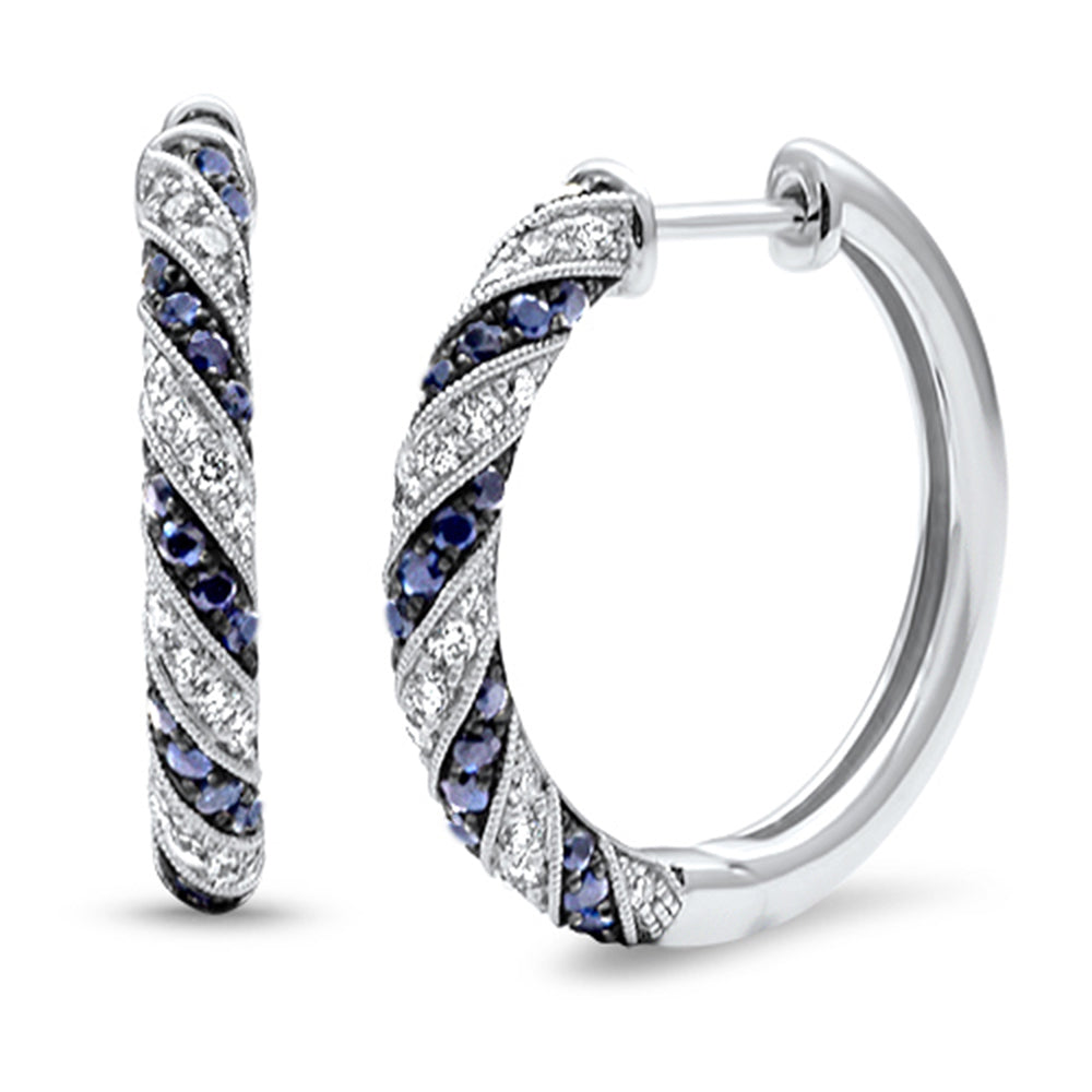 ''SPECIAL! 1.19ct G SI 14K White Gold DIAMOND & Blue Sapphire Gemstone Post & Click Hoop Earrings''