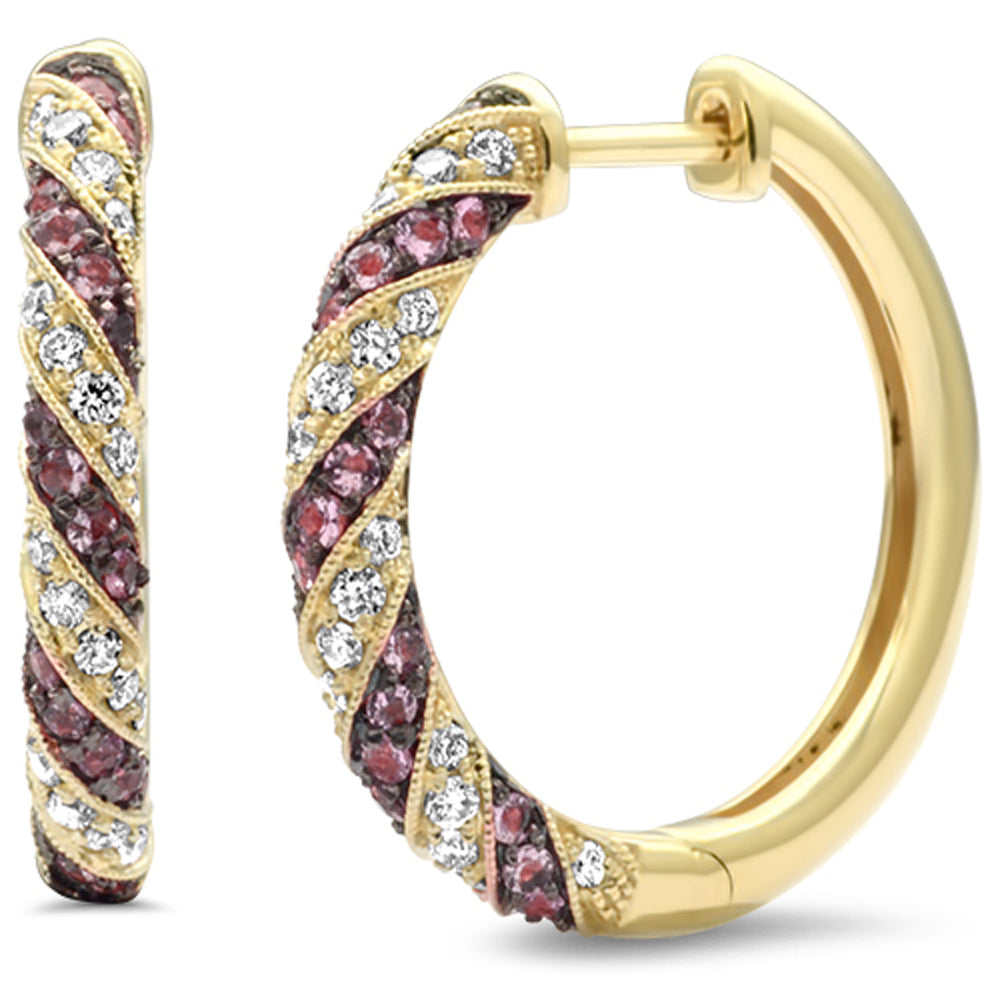 SPECIAL!  1.02ct G SI 14K Yellow Gold Diamond & Pink Tourmaline Gemstone HOOP EARRINGS