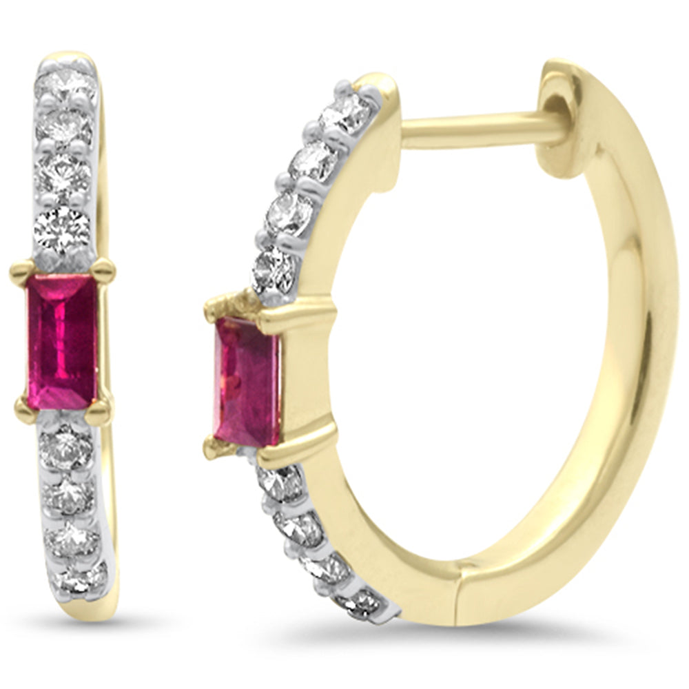 ''SPECIAL! .51ct G SI 14K Yellow GOLD Diamond & Baguette Ruby Gemstone Hoop Post & Click Earings''