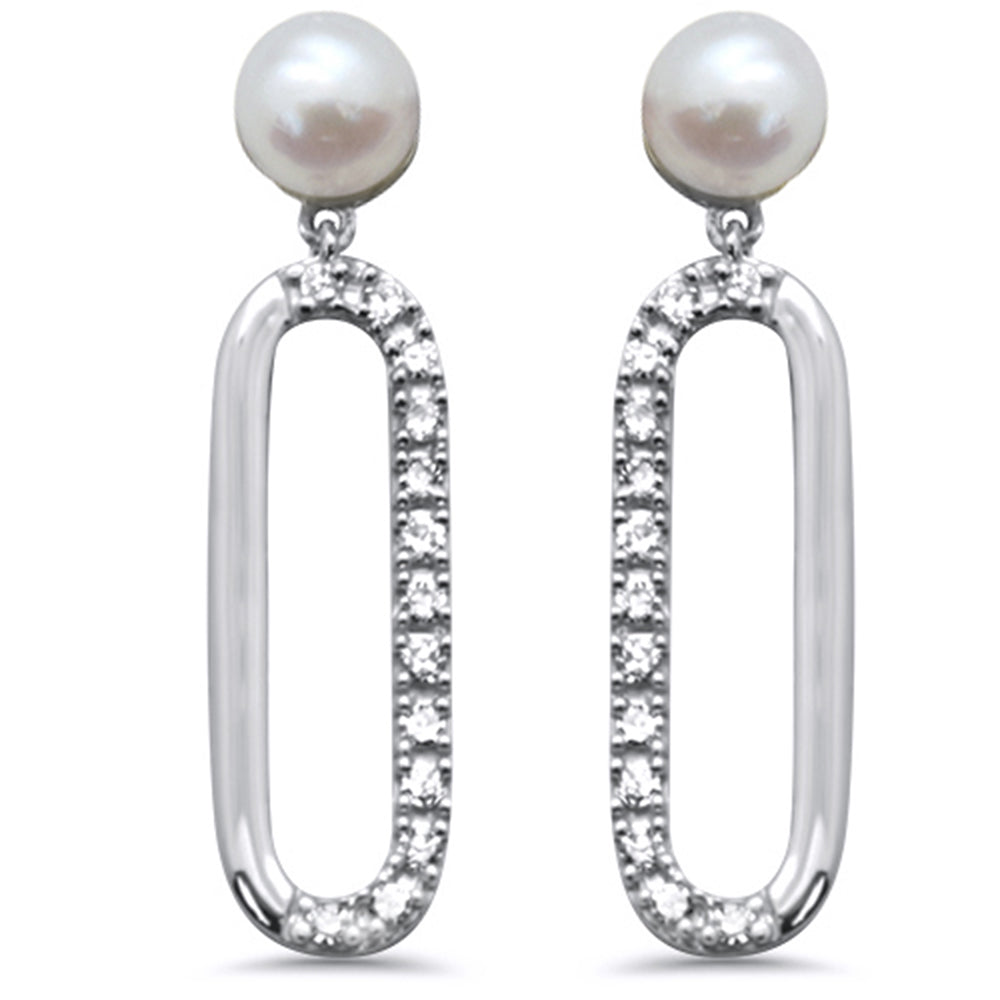 .10ct G SI 14K White Gold DIAMOND Pearl Paperclip Drop Earrings
