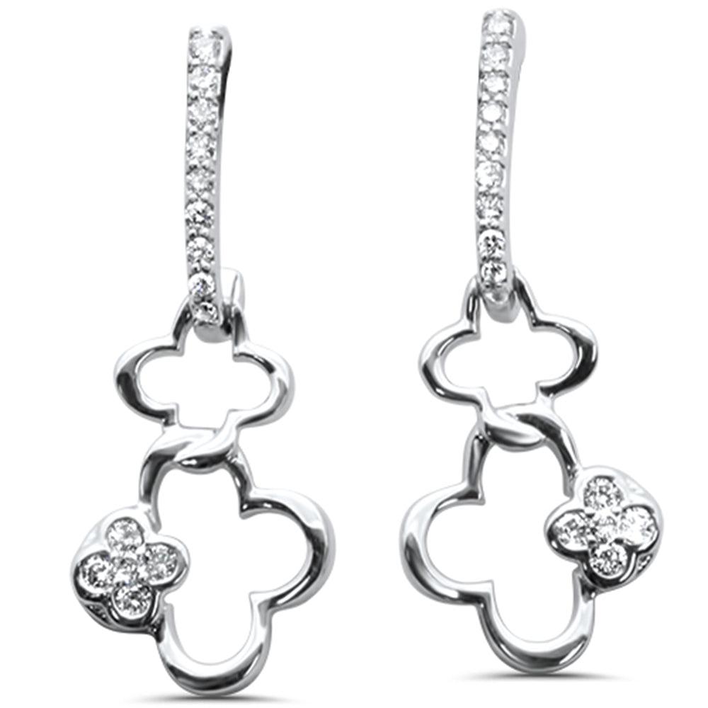 .20ct G SI 14K White GOLD Diamond Dangling Flower J Hoop Earrings