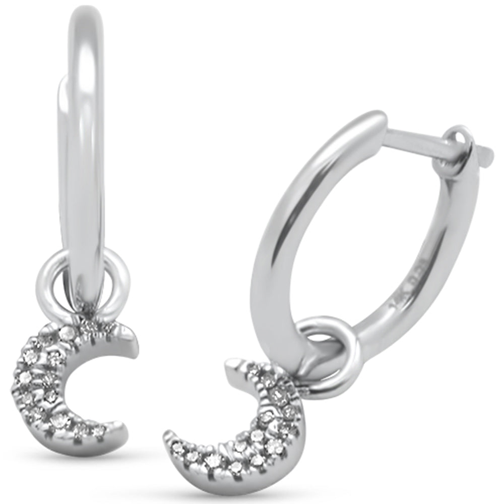 .08ct G SI 14K White GOLD Diamond Dangling Moon Hoop Earrings