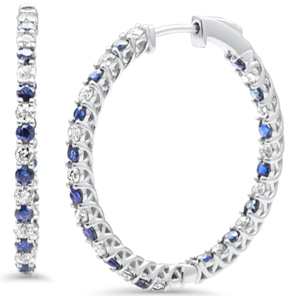 SPECIAL!  3.39ct G SI 14K White Gold Diamond & Blue Sapphire HOOP EARRINGS