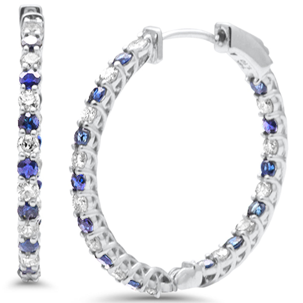 SPECIAL!  2.18ct G SI 14K White Gold Diamond & Blue Sapphire HOOP EARRINGS Post&Click