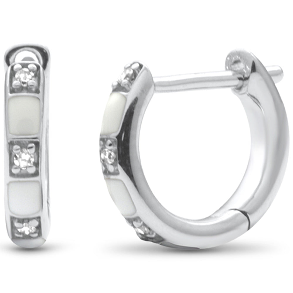 .04ct G SI 14K White Gold Diamond & White Enamel HOOP EARRINGS