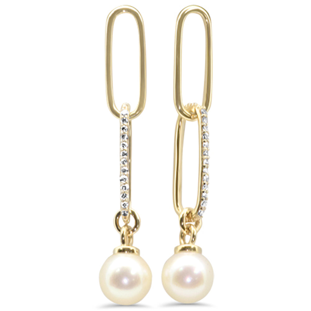 SPECIAL!  .10ct G SI 14K Yellow Gold DIAMOND Pearl Paper Clip Drop Earrings