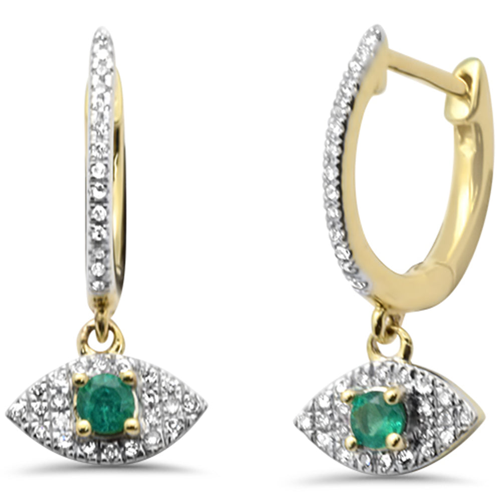 SPECIAL! .35ct G SI 14K Yellow GOLD Diamond & Emerald Gemstones Evil Eye Hoop Dangling Earrings