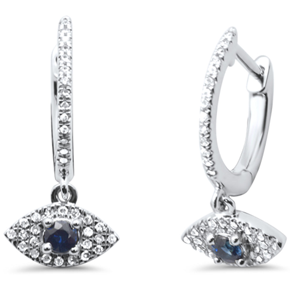 SPECIAL! .43ct G SI 14K White GOLD Diamond & Blue Sapphire Gemstones Evil Eye Hoop Dangling Earrings