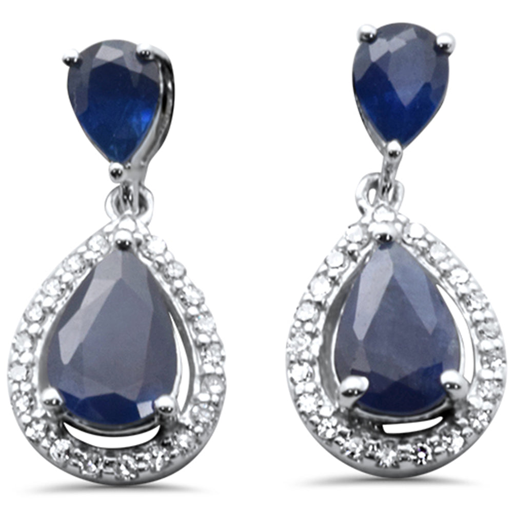 SPECIAL!  1.48ct G SI 14K White GOLD Diamond Pear Shape & Blue Sapphire Gemstones Earrings