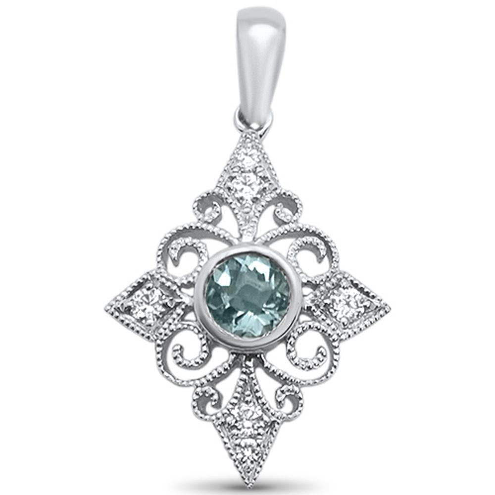 GEMSTONE CLOSEOUT  0.32cts 14k White gold Round Aquamarine DIAMOND Filigree Pendant