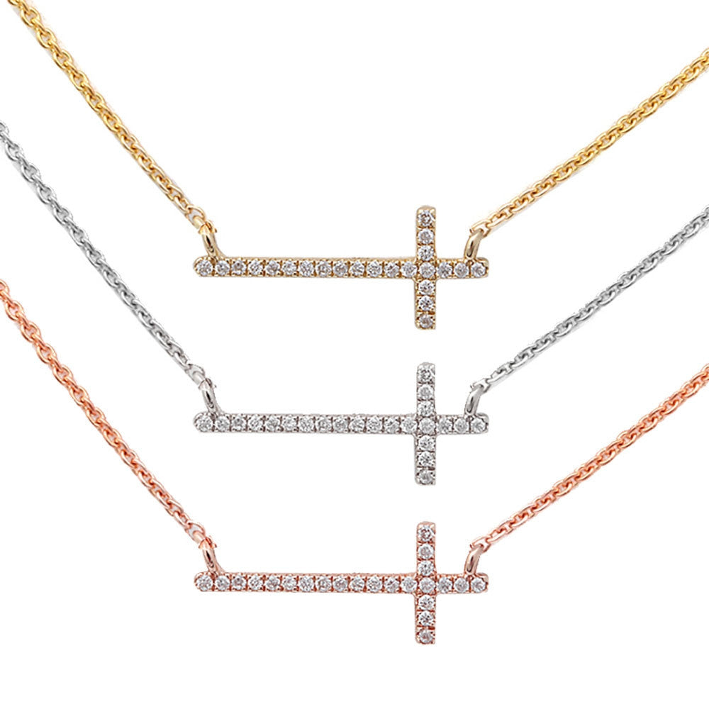 ''.05ct Designer Sideways Cross Necklace 14kt White, Rose or Yellow GOLD Chain 17 inches''