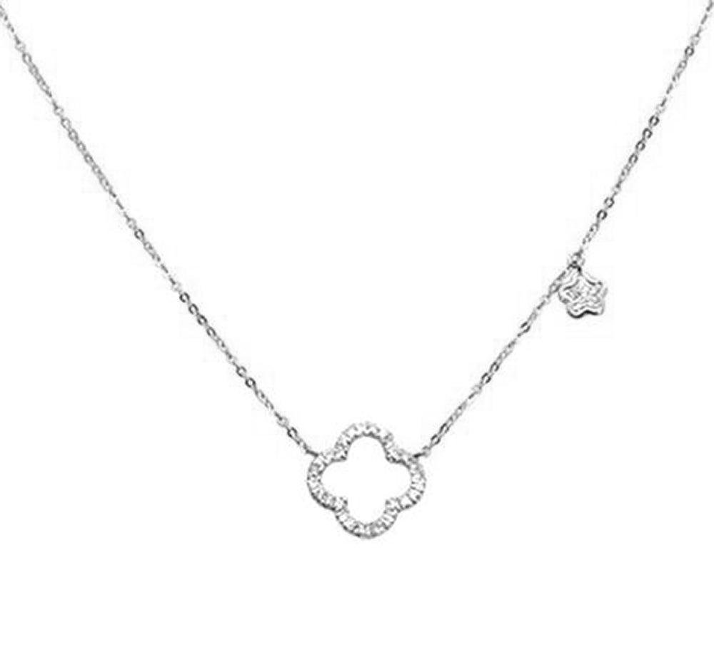 ''0.18cts 14k White gold DIAMOND Clover Necklace 18'''' Long + 2'''' Ext.''