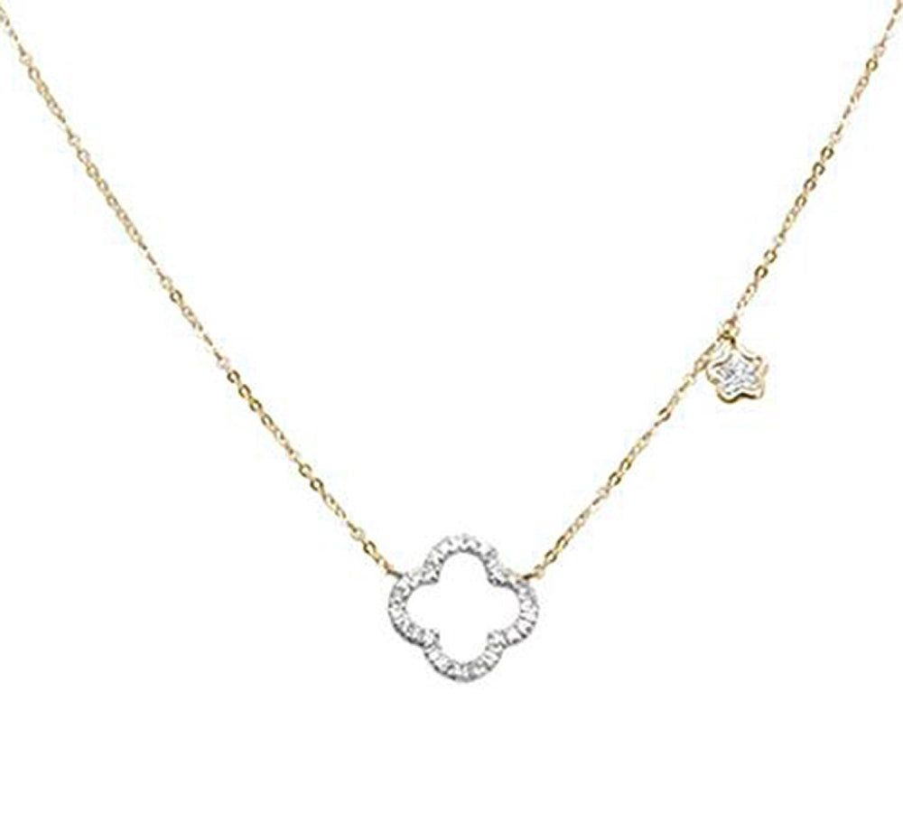 ''0.17cts 14k Yellow Gold Diamond Clover Flower NECKLACE 18'''' Long + 2'''' Ext.''