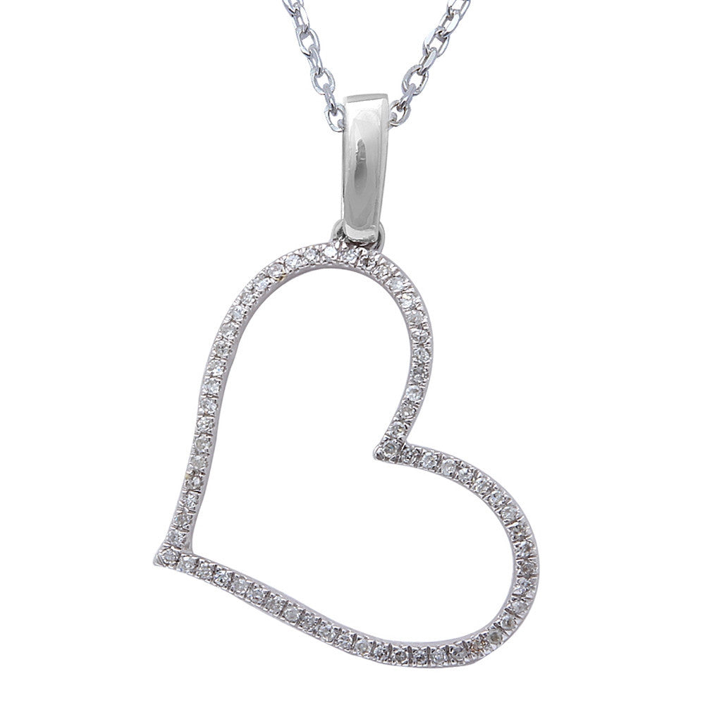 ''.09ct F SI Round Diamond Pave Set Heart Pendant 14kt White GOLD 18'''' Long''