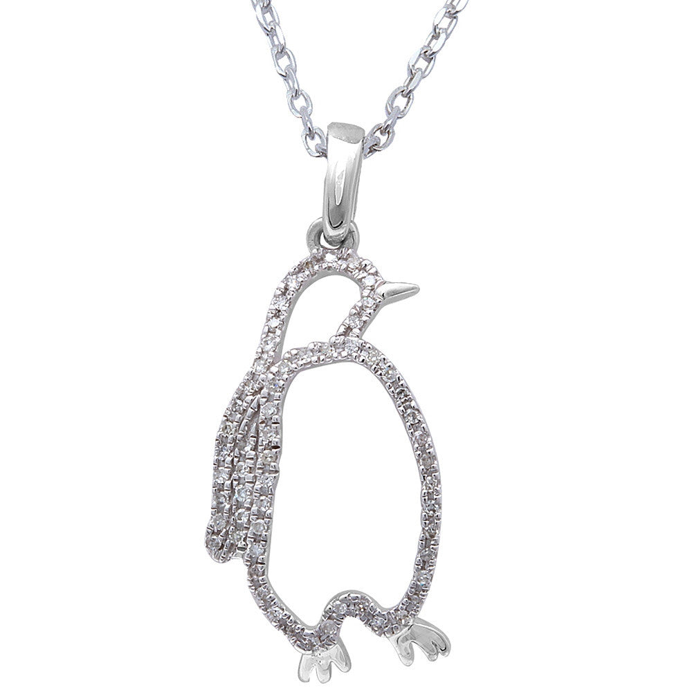 ''DIAMOND  CLOSEOUT!  .09ct F SI DIAMOND Penguin Pendant 14kt White Gold 18'''' Long''