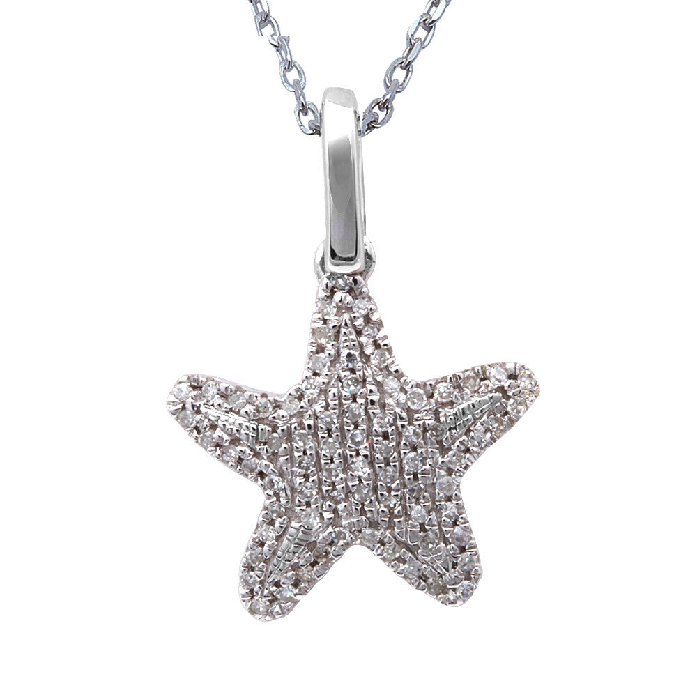 ''.11ct F SI Round Diamond Pave Set Star Starfish PENDANT 14kt White Gold 18'''' Long''