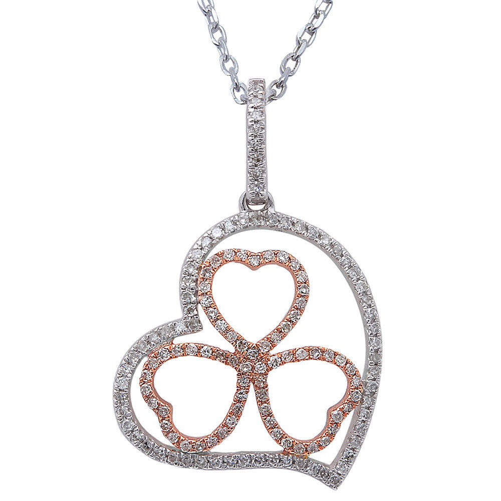 ''.19ct F SI Diamond Pave Set Clover Heart PENDANT 14kt White & Rose Gold 18''''''