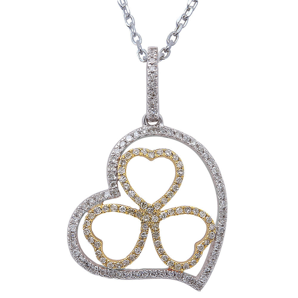 ''.19ct F SI DIAMOND Pave Set Clover Heart Pendant 14kt White & Yellow Gold 18''''''