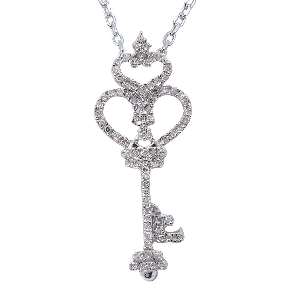 ''.20ct F SI DIAMOND Crown Heart Key Pendant 14kt White Gold 18'''' Long''