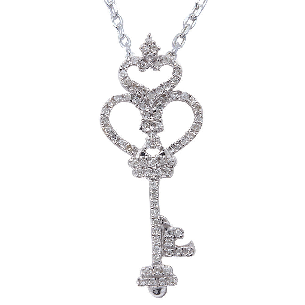 ''.20ct F SI Diamond Crown Heart Key PENDANT 14kt White Gold 18'''' Long''