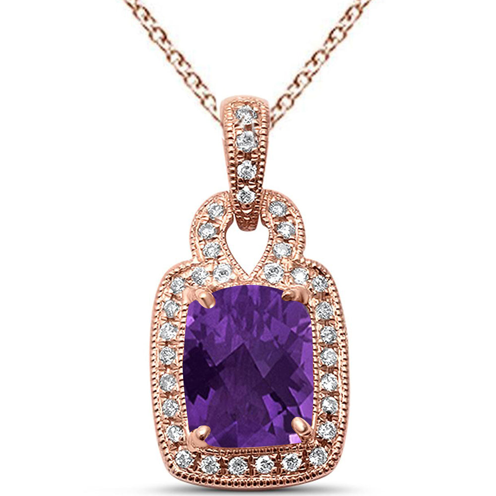 ''GEMSTONE CLOSEOUT  1.61ct Cushion Cut Amethyst 14k Rose Gold Diamond PENDANT Necklace 18'''' Long''