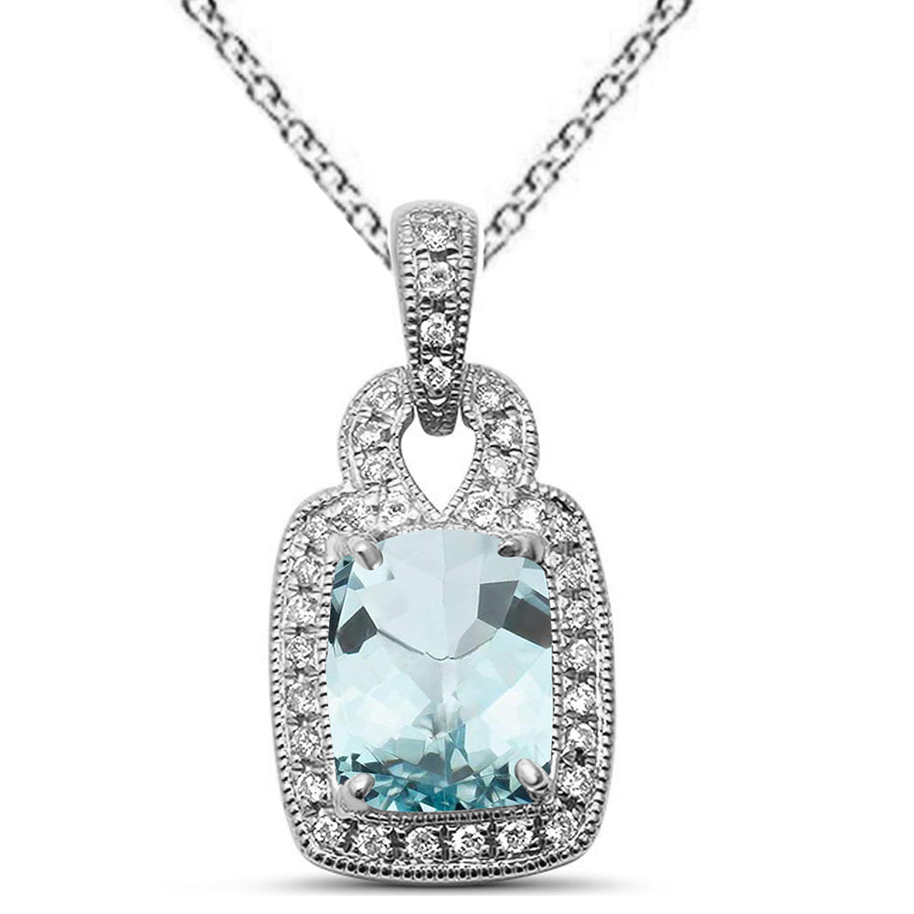 ''GEMSTONE CLOSEOUT  1.28ct Cushion Cut Aquamarine 14k White Gold DIAMOND Pendant Necklace 18''''''