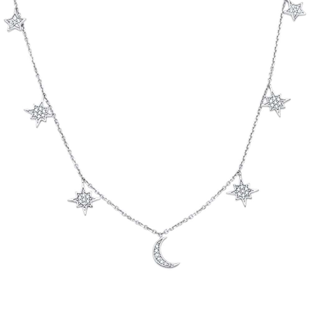 ''SPECIAL! .17ct 14kt White Gold Crescent Moon & Stars DIAMOND Pendant Necklace 16''''''