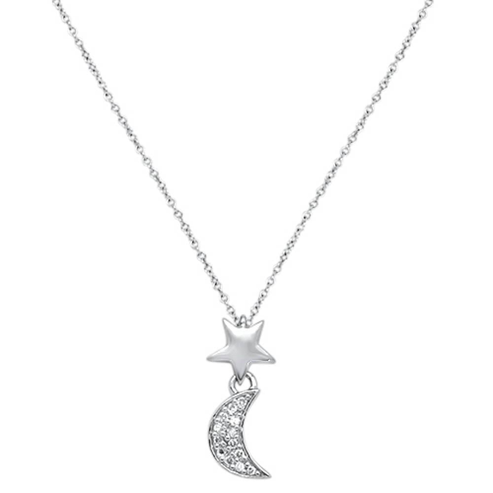 ''.05cts 14kt White Gold Crescent Moon Star Diamond PENDANT Necklace 18'''' Long''