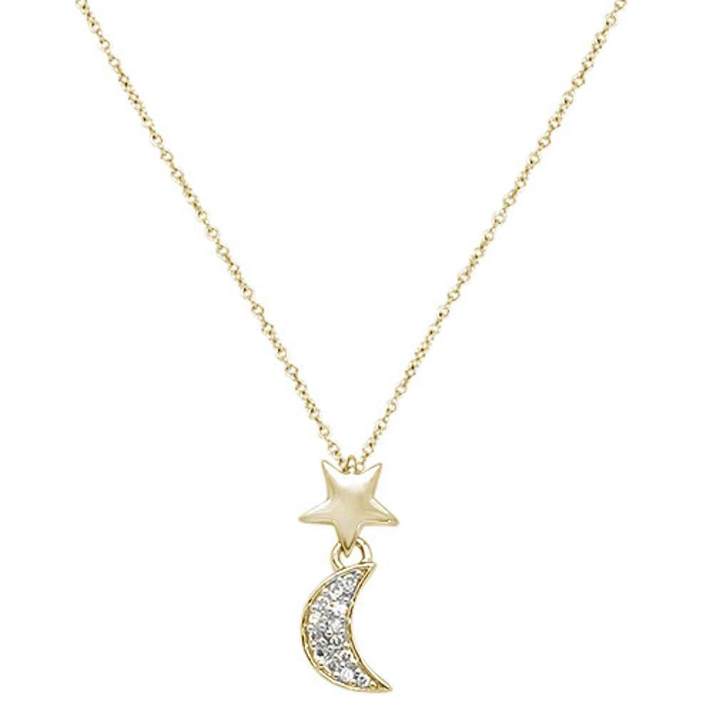 ''.05ct 14K Yellow Gold Crescent Moon & Star Diamond PENDANT Necklace 18''''''