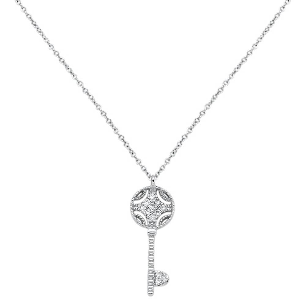 ''.08cts 14kt White GOLD Round Diamond Key Pendant Necklace 18'''' Long''