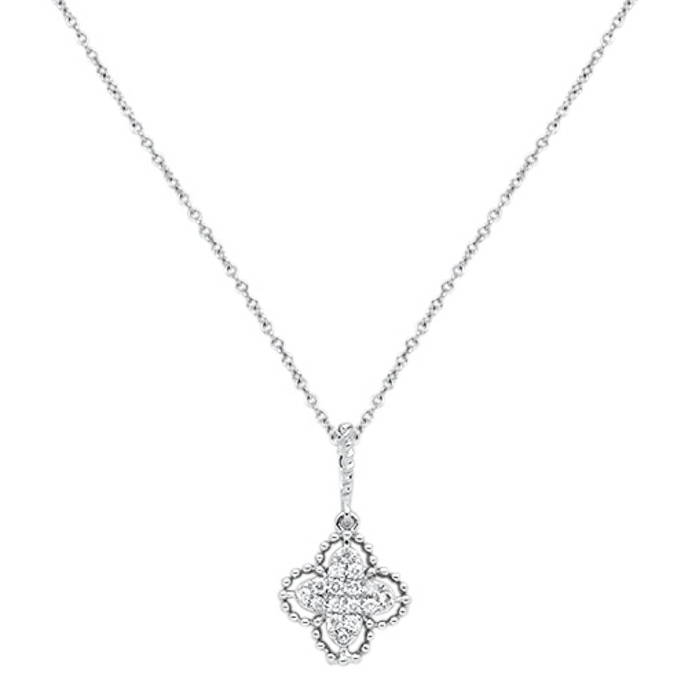 ''.09cts 14kt White Gold Round Diamond Quatrefoil Pendant NECKLACE 18'''' Long''